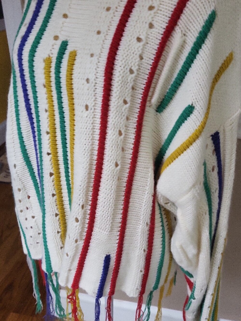 DAVI & DANI Cream Fringe Crewneck Sweater with Multicolor Stripes, Large - Picture 5 of 12